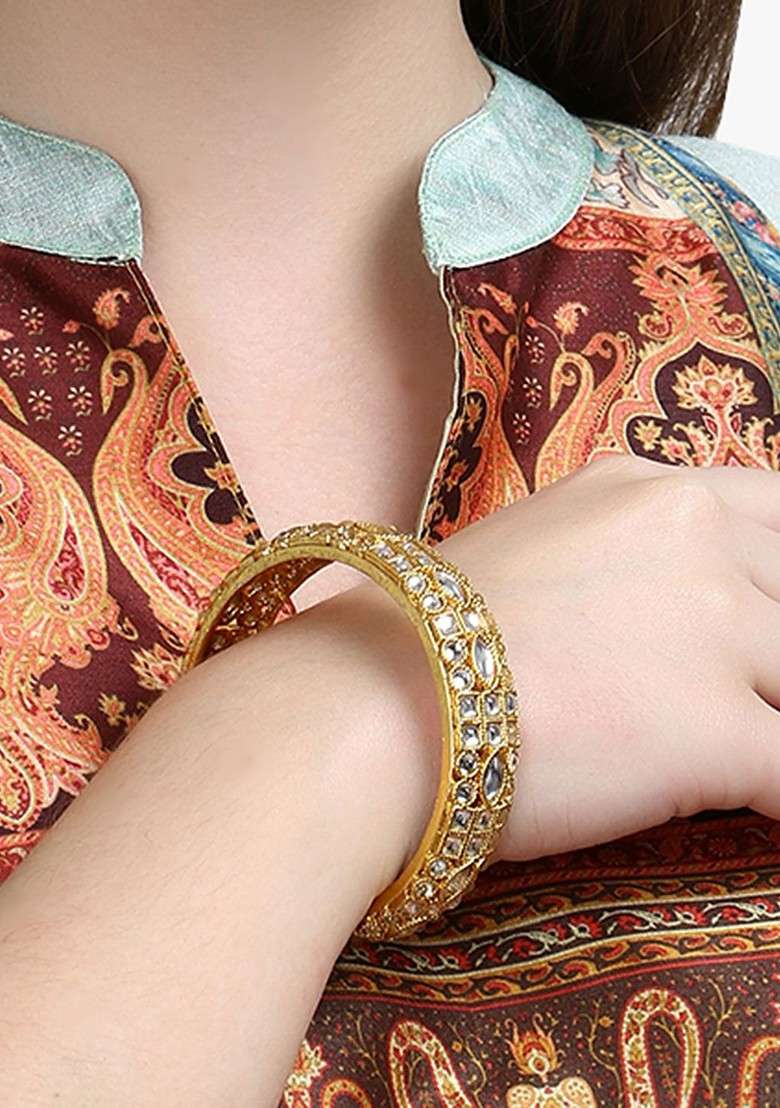 Gold Artificial Stones And Beads Gold Plated Bangles (Set Of 2) - Indya