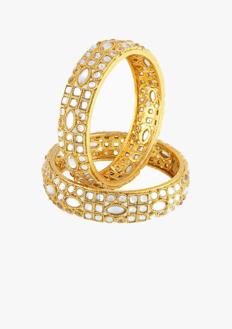 Gold Artificial Stones And Beads Gold Plated Bangles (Set Of 2) - Indya