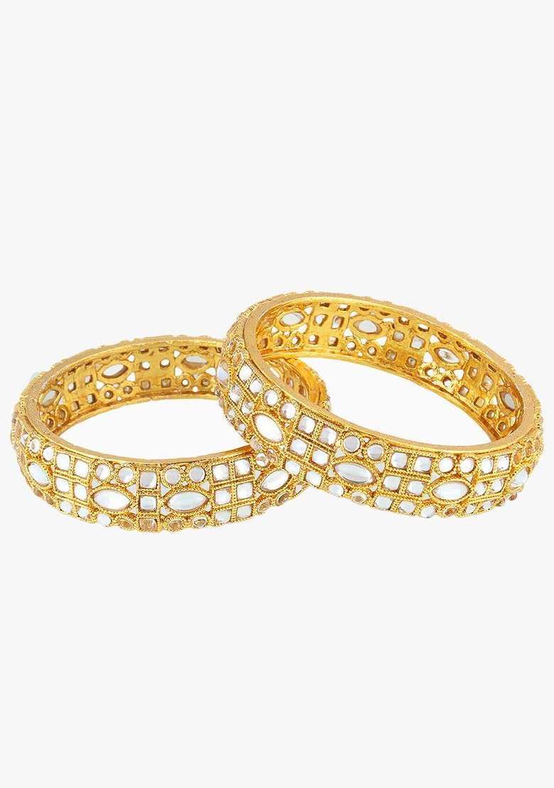 Gold Artificial Stones And Beads Gold Plated Bangles (Set Of 2) - Indya