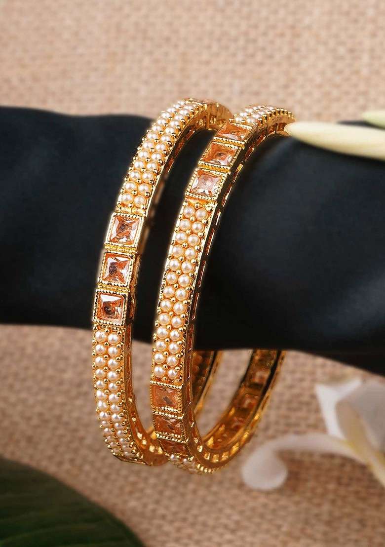 Gold Artificial Stones And Beads Gold Plated Bangle - Indya
