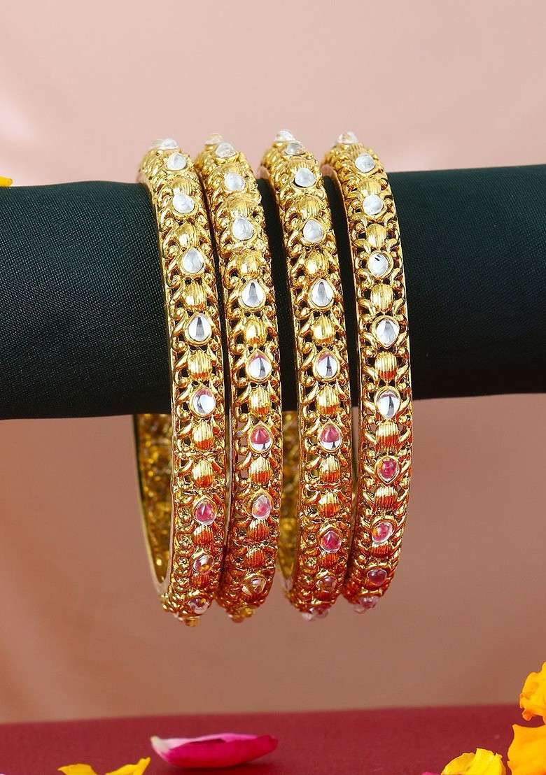 Gold Artificial Stones And Beads Gold Plated Bangle - Indya