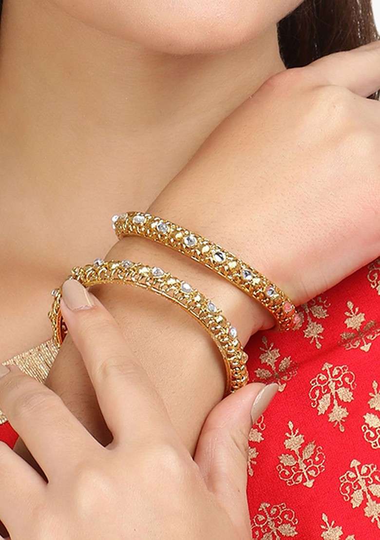 Gold Artificial Stones And Beads Gold Plated Bangle - Indya