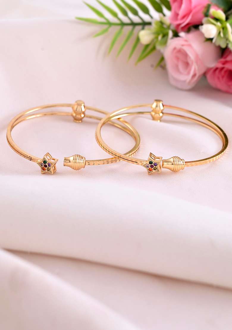 Set Of 2 Gold Plated Multi Colour Stone Studded Star Shaped Bangles - Indya