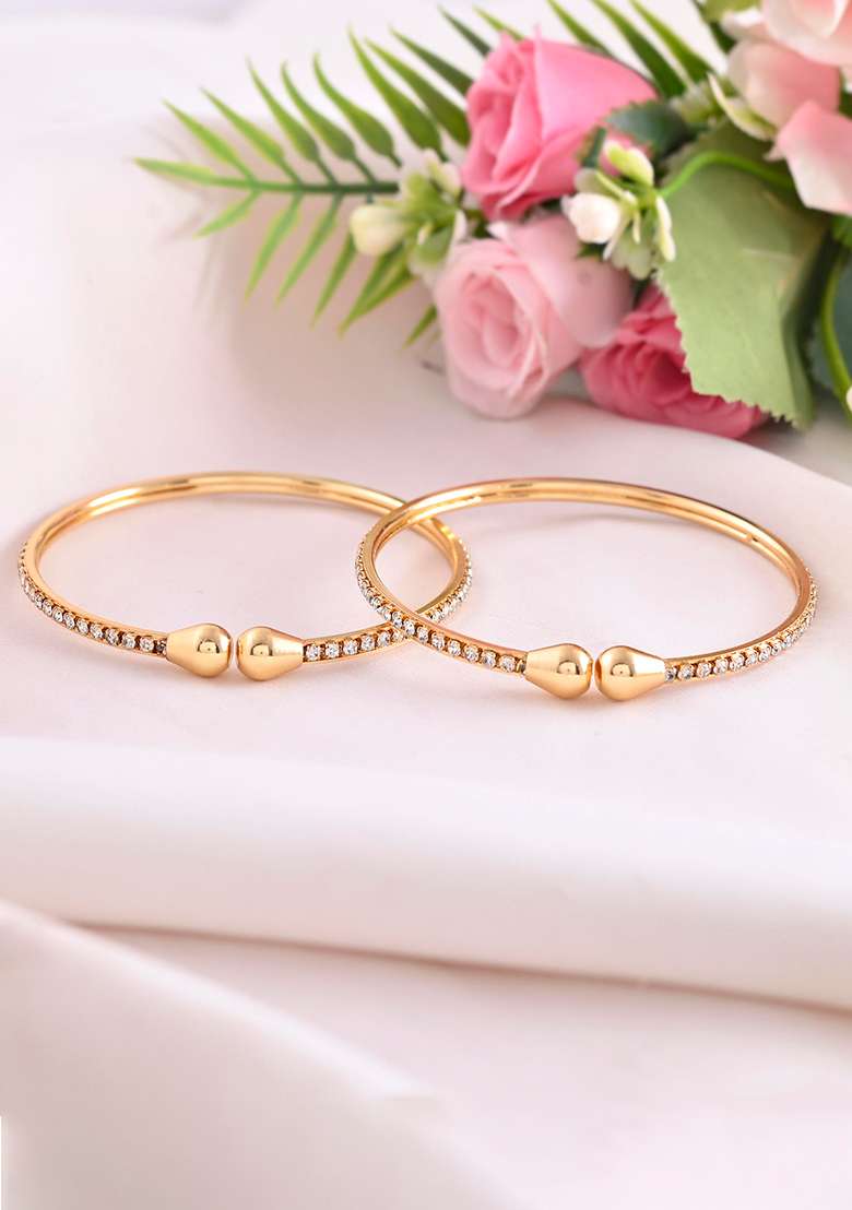 Set Of 2 Gold Plated Ad Stones Studded Minimal Bangles - Indya