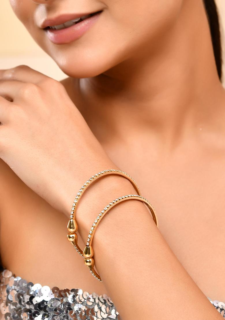 Set Of 2 Gold Plated Ad Stones Studded Minimal Bangles