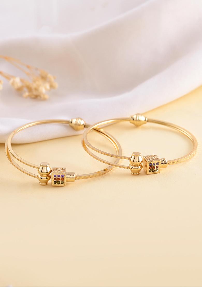 Set Of 2 Gold Plated Mutli Colour Stones Studded Square Shaped Bangles