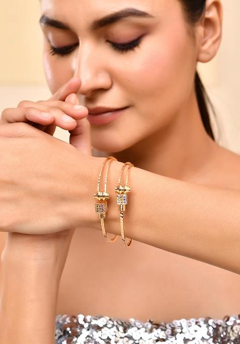 Set Of 2 Gold Plated Mutli Colour Stones Studded Square Shaped Bangles