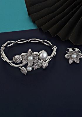 Silver American Diamond Silver Plated Bracelet With Ring