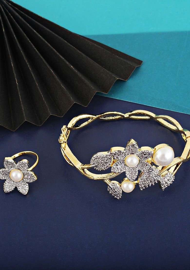 Gold American Diamond Gold Plated Bracelet With Ring - Indya