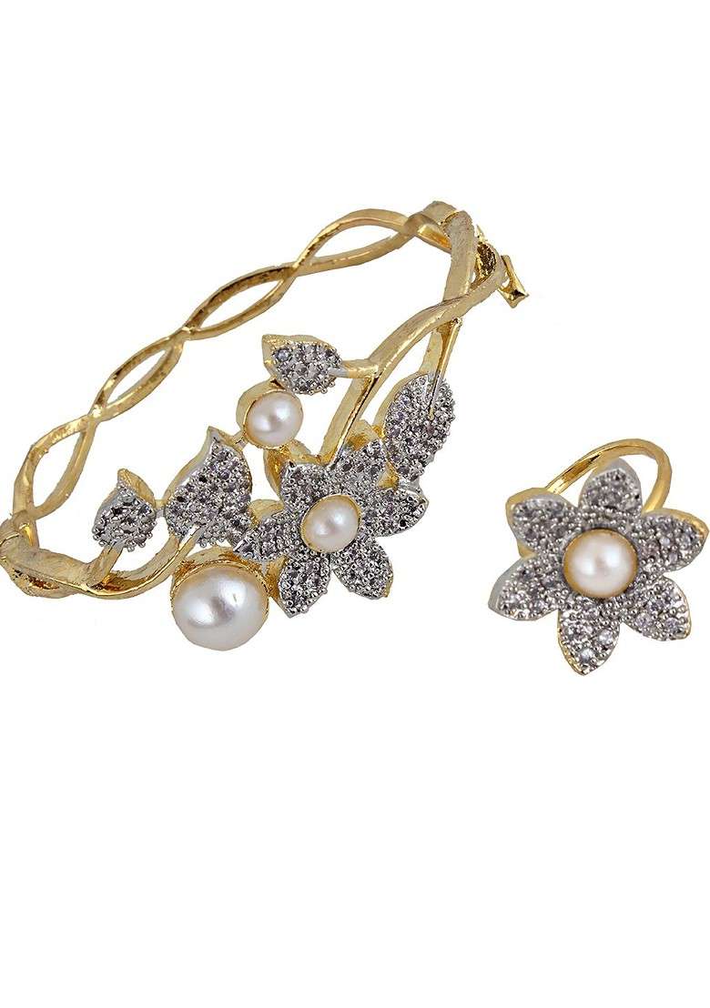 Gold American Diamond Gold Plated Bracelet With Ring - Indya