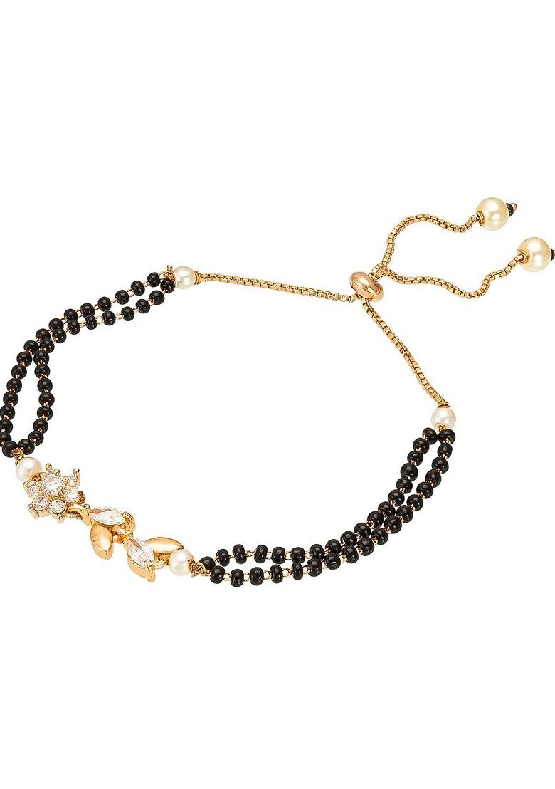 Women Gold Plated And Black Brass American Diamond Hand Mangalsutra Link Bracelet