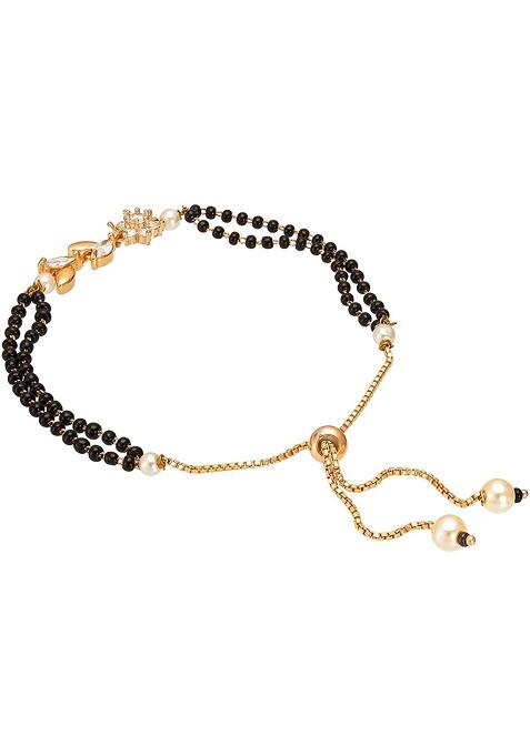 Women Gold Plated And Black Brass American Diamond Hand Mangalsutra Link Bracelet