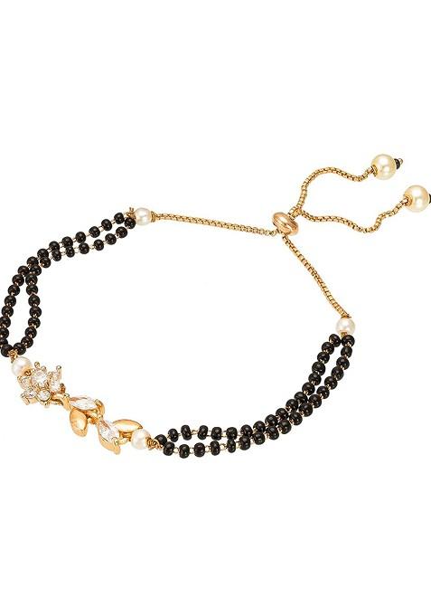Women Gold Plated And Black Brass American Diamond Hand Mangalsutra Link Bracelet