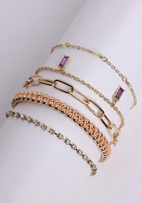 Set Of 6 Gold Plated And Pink Handcrafted Charm Bracelets