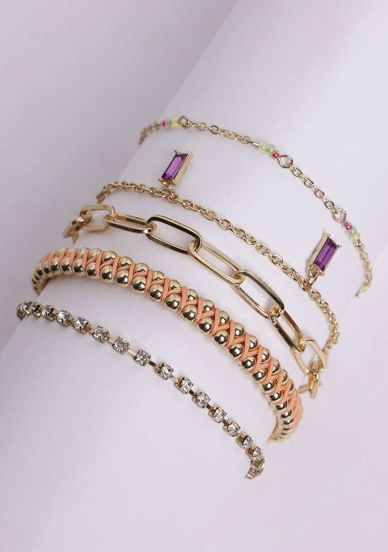 Set Of 6 Gold Plated And Pink Handcrafted Charm Bracelets - Indya