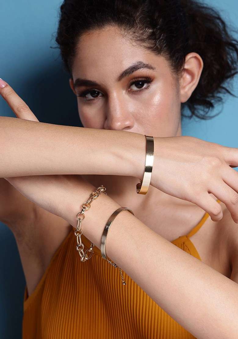 Gold Toned Gold Plated Pack Of 3 Cuff Bracelets - Indya