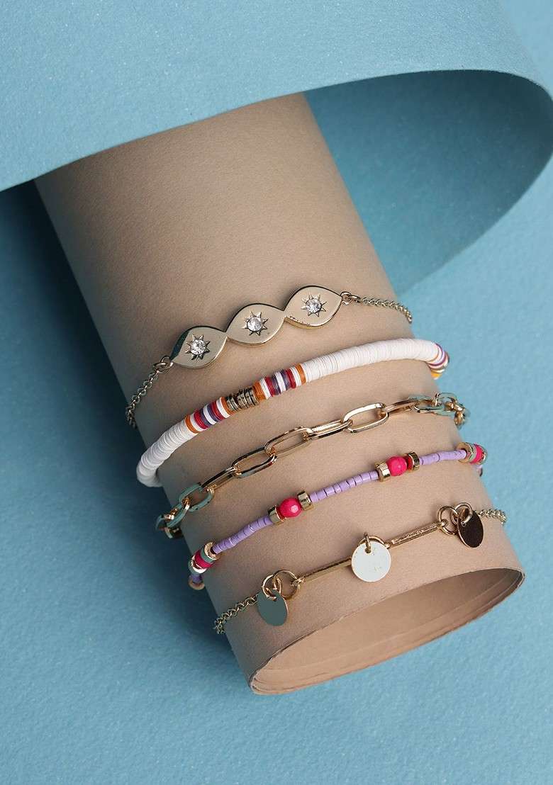 Set Of 5 Gold Plated And Red Charm Bracelets - Indya