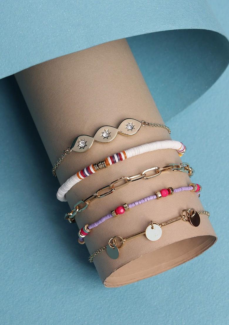 Set Of 5 Gold Plated And Red Charm Bracelets