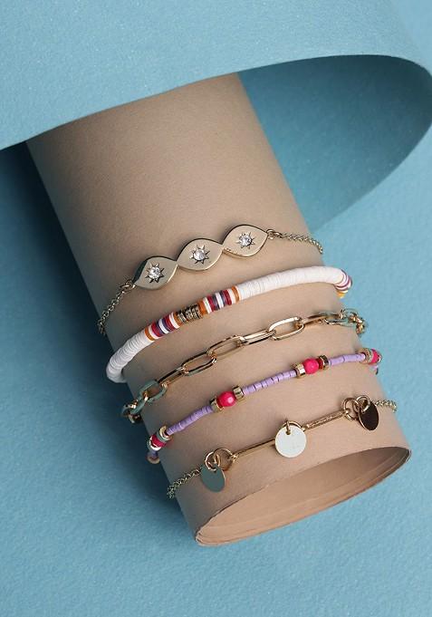 Set Of 5 Gold Plated And Red Charm Bracelets