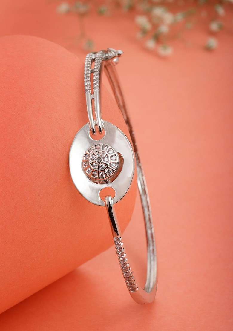 Silver Cubic Zirconia Studded And Rhodium Plated Bracelet - Indya