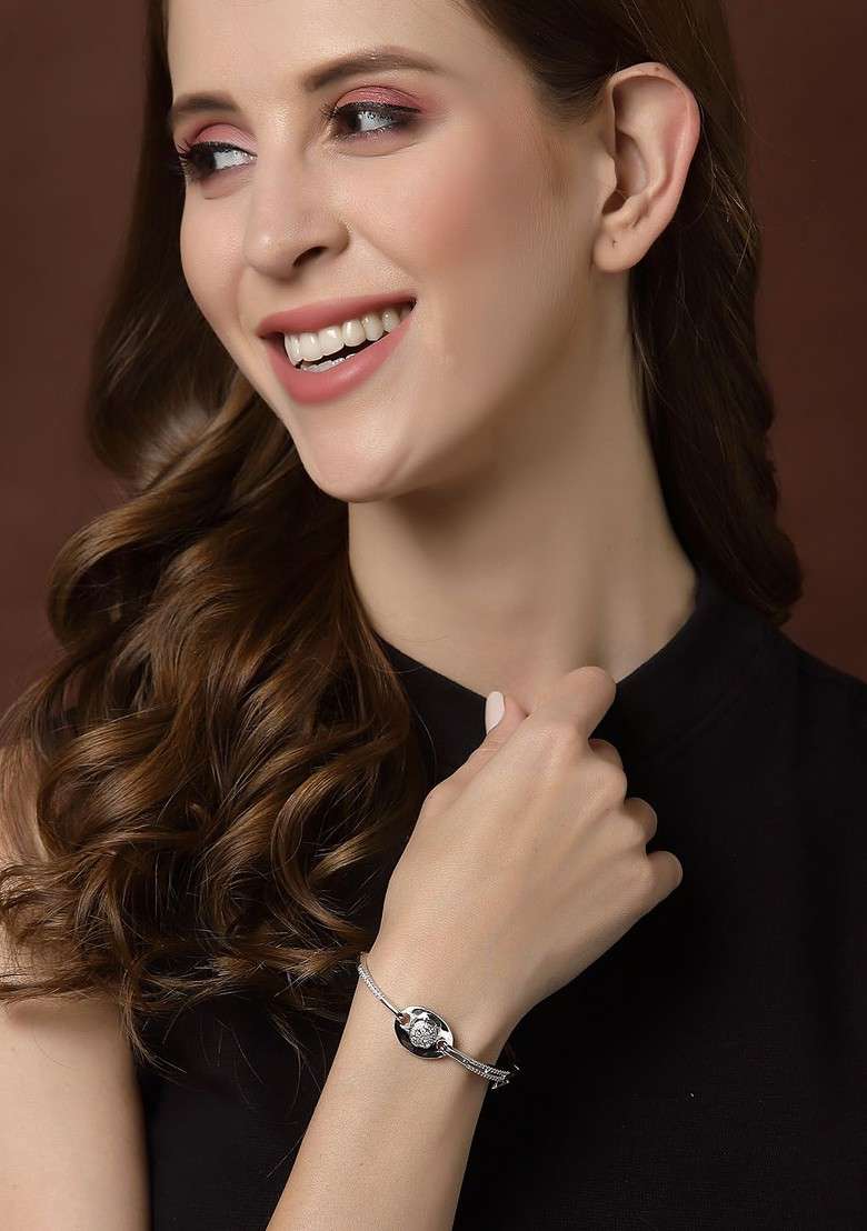 Silver Cubic Zirconia Studded And Rhodium Plated Bracelet - Indya