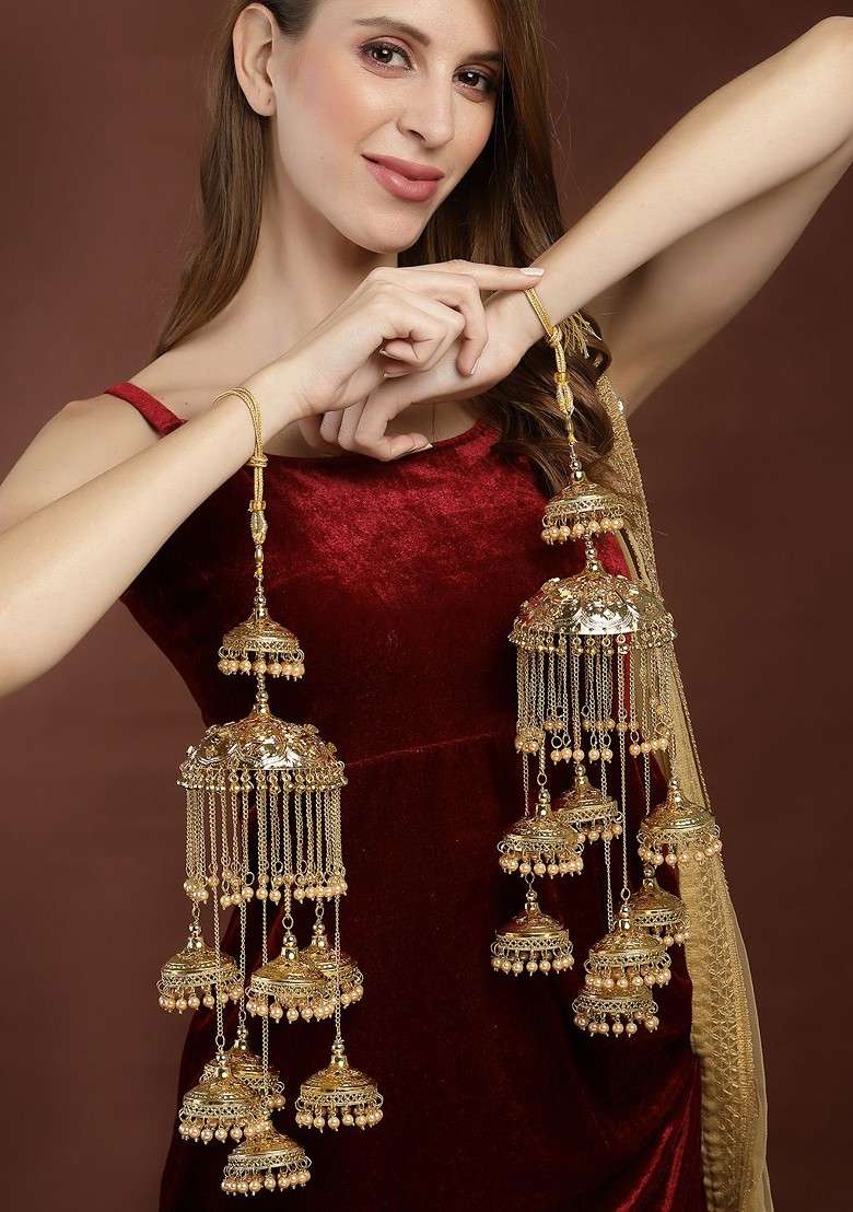 Pack Of 2 Gold Plated And White Beaded Bridal Layered Kaleeras - Indya