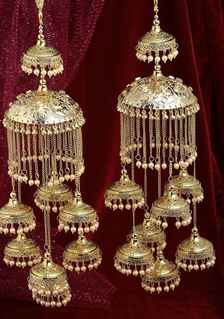 Pack Of 2 Gold Plated And White Beaded Bridal Layered Kaleeras - Indya