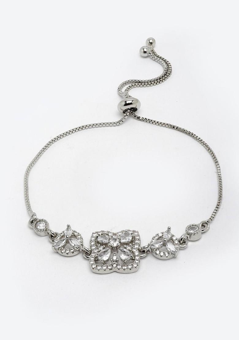 Silver American Diamond Silver Plated Charm Bracelet - Indya