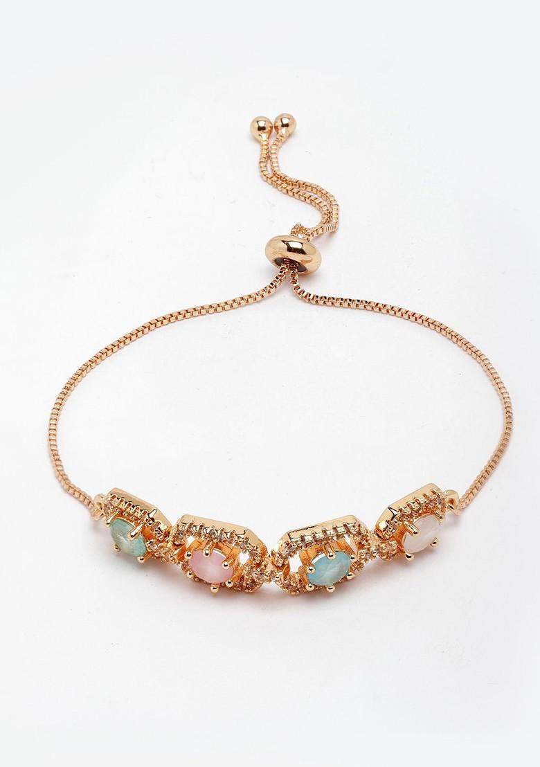 Gold Plated Ad Pink And Blue Stone Studded Handcrafted Charm Bracelet