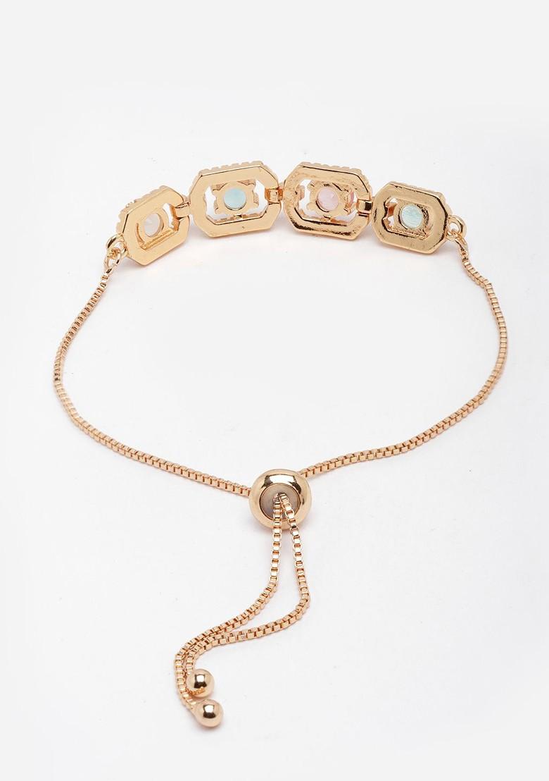 Gold Plated Ad Pink And Blue Stone Studded Handcrafted Charm Bracelet