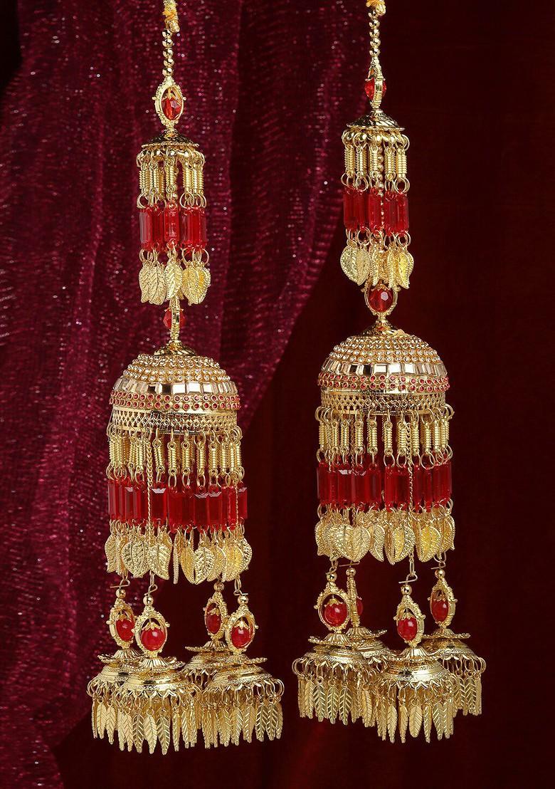 Set Of 2 Gold Plated Cz Studded And Beaded Bridal Layered Kaleeras