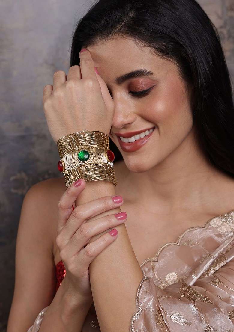 Gold Plated Cubic Zirconia Stone Studded Kada Bracelet - Indya