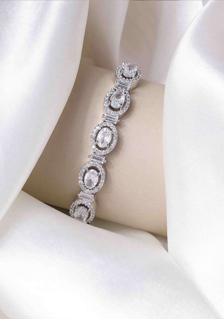 Silver Silver Plated Cubic Zirconia Stone Studded Kada Bracelet - Indya