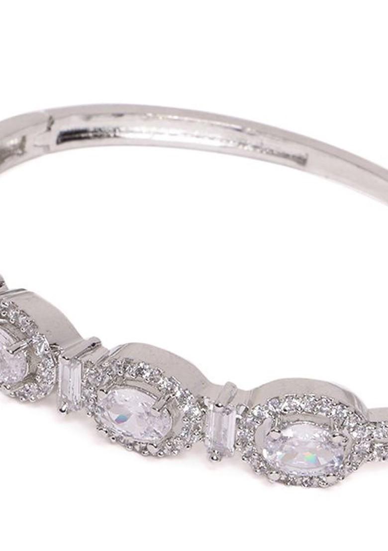Silver Silver Plated Cubic Zirconia Stone Studded Kada Bracelet