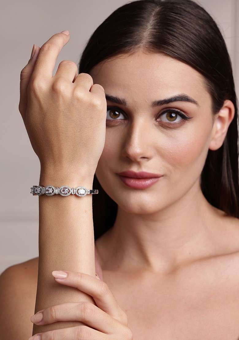 Silver Silver Plated Cubic Zirconia Stone Studded Kada Bracelet - Indya