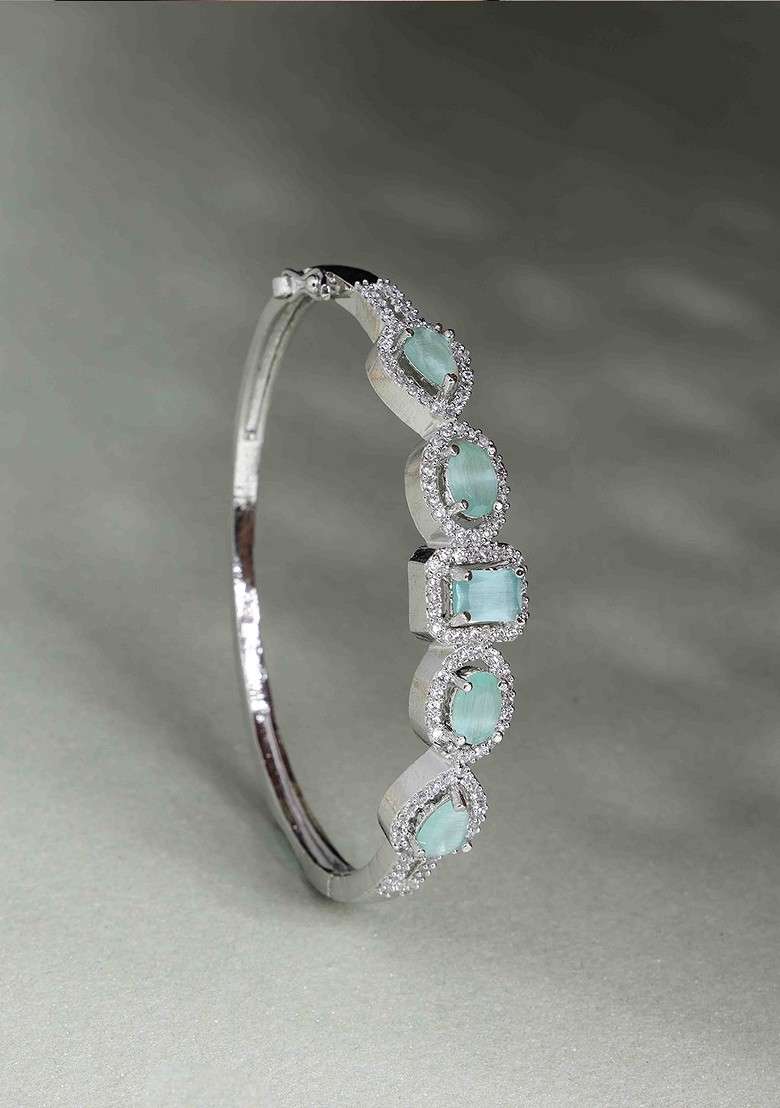 Silver Silver Plated Cubic Zirconia Stone Studded Kada Bracelet - Indya