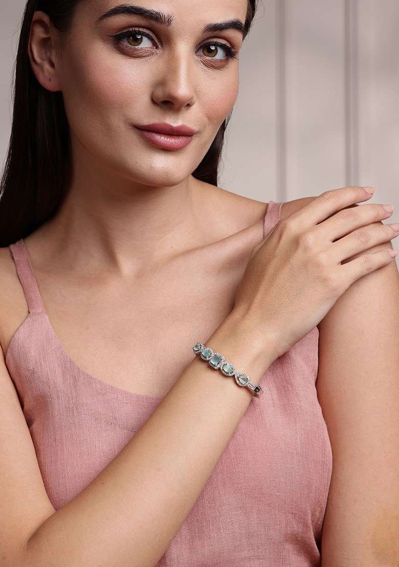 Silver Silver Plated Cubic Zirconia Stone Studded Kada Bracelet - Indya