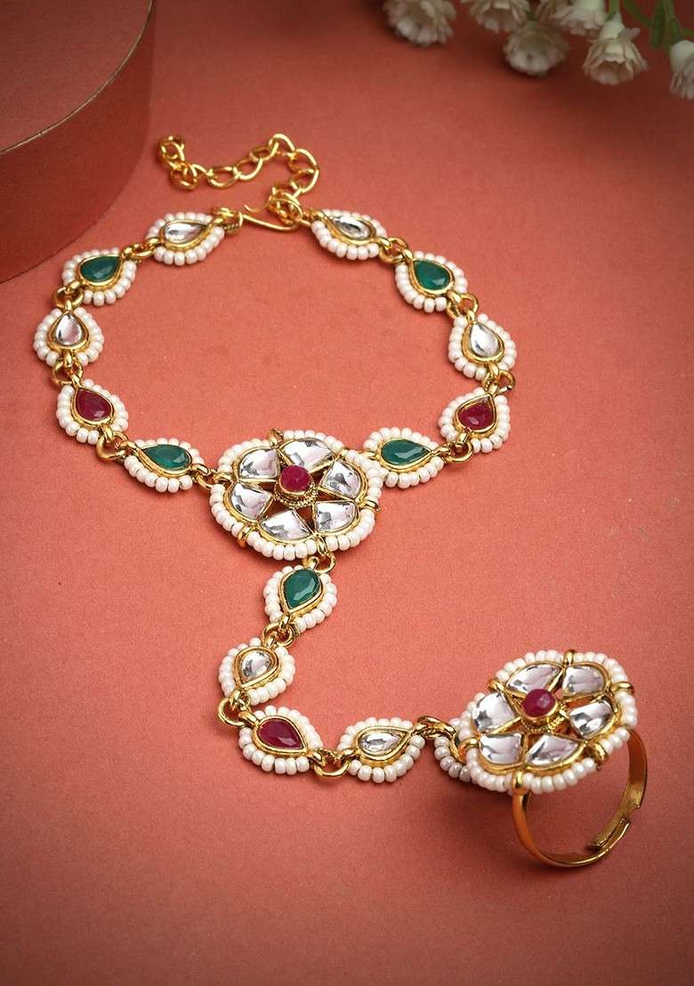Gold Plated Stone Studded And Beaded Ring Bracelet - Indya