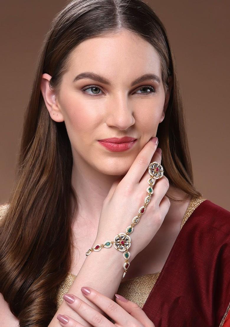 Gold Plated Stone Studded And Beaded Ring Bracelet