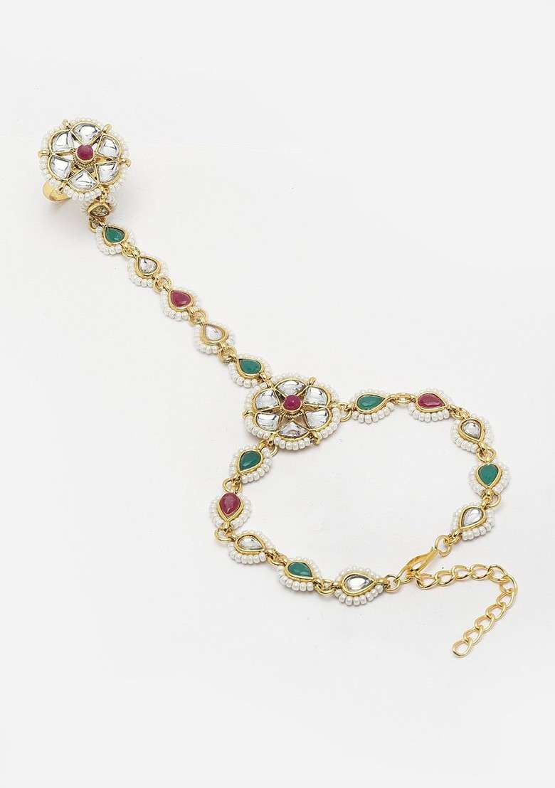Gold Plated Stone Studded And Beaded Ring Bracelet - Indya