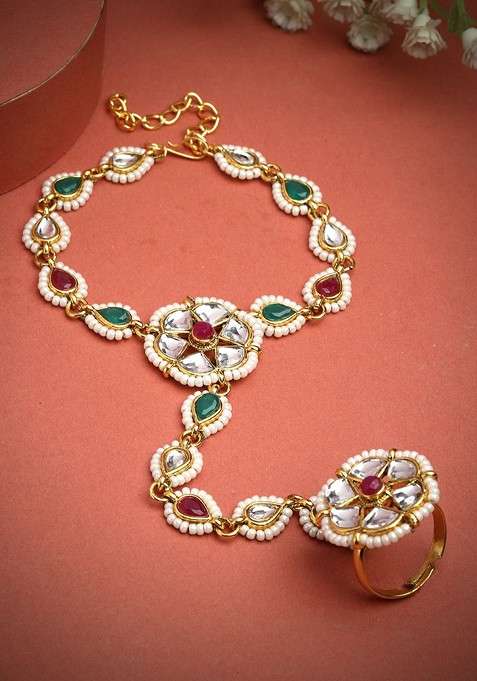 Gold Plated Stone Studded And Beaded Ring Bracelet