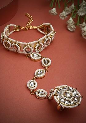 Gold Plated Stone Studded And Beaded Ring Bracelet