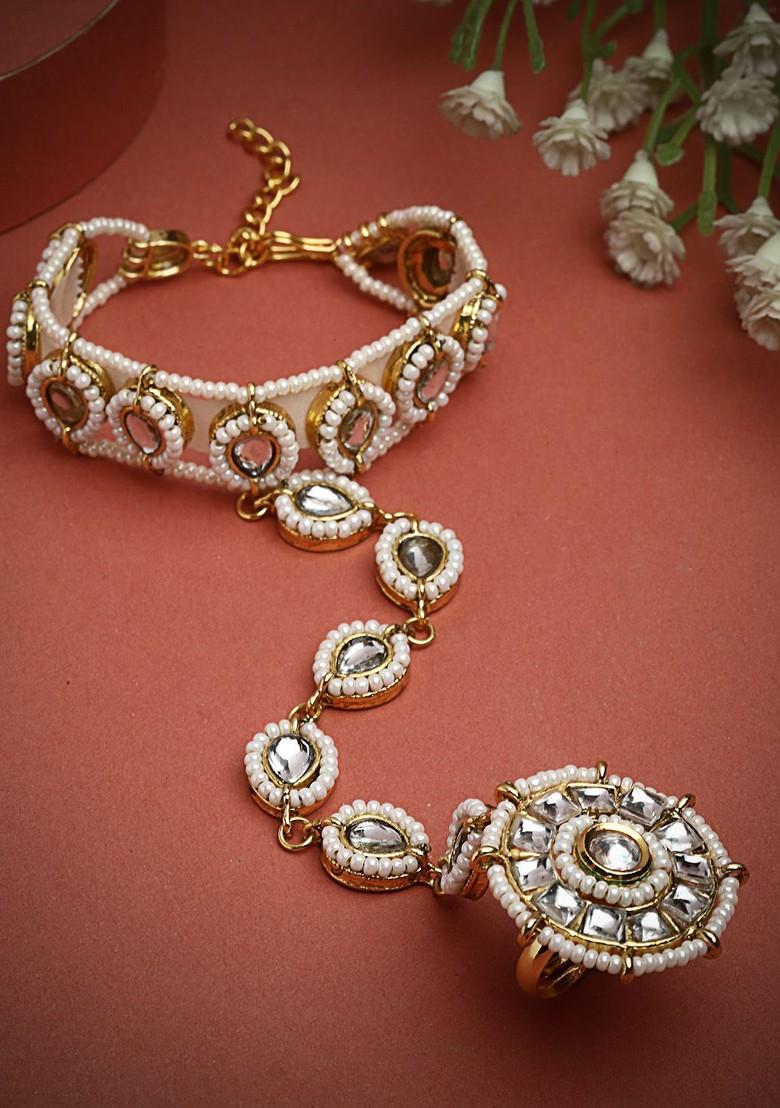 Gold Plated Stone Studded And Beaded Ring Bracelet