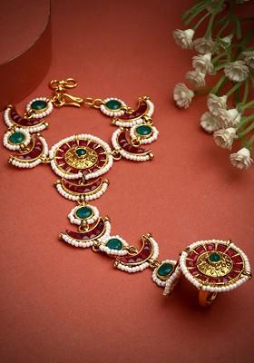 Gold Plated Stone Studded And Beaded Ring Bracelet