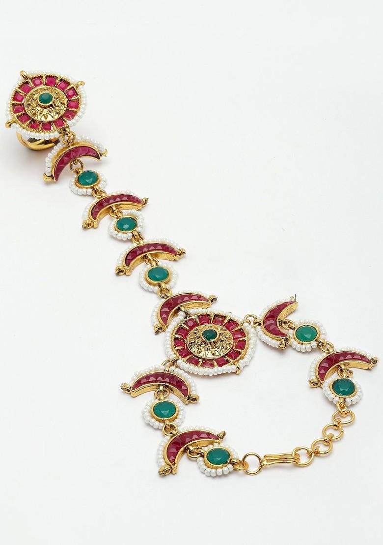 Gold Plated Stone Studded And Beaded Ring Bracelet