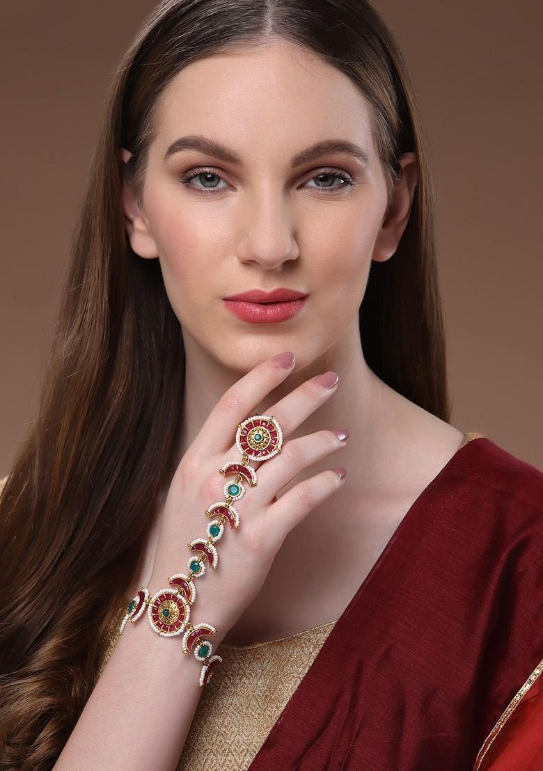 Gold Plated Stone Studded And Beaded Ring Bracelet