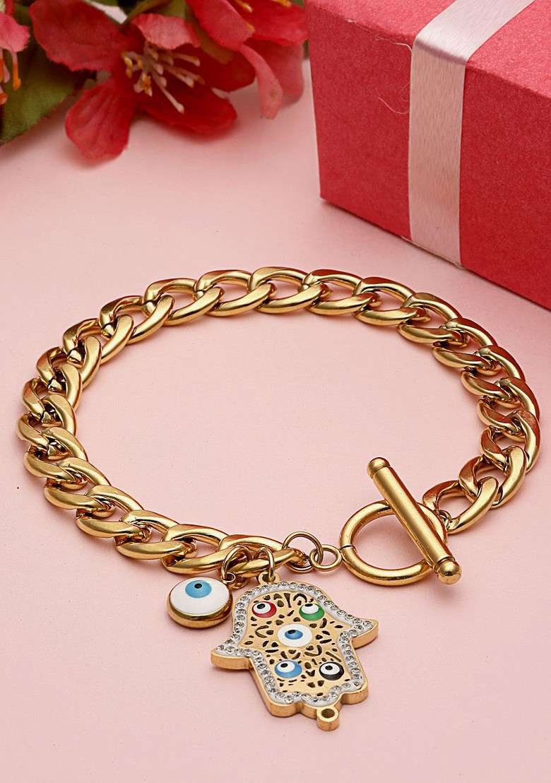 18Kt Gold Plated Evil Eye Stainless Steel Tarnish Free Waterproof Charm Bracelet - Indya