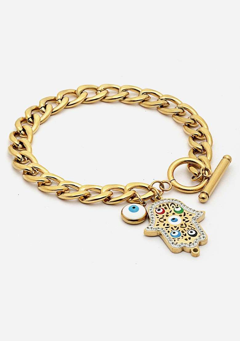 18Kt Gold Plated Evil Eye Stainless Steel Tarnish Free Waterproof Charm Bracelet - Indya
