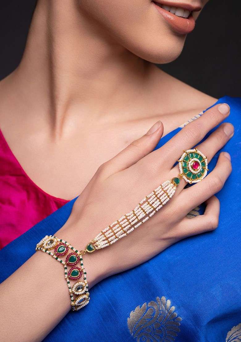 Gold Plated Stones Studded And Beaded Hathphool - Indya
