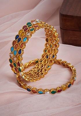 Set Of 4 Gold Plated Multicolored Stone Studded Bangles
